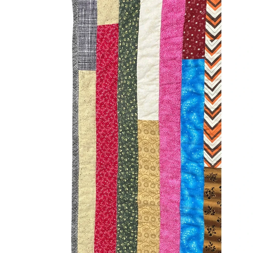 Vintage Handmade Strip Quilt 40x44 Lap Quilt Wall Hanging Colorful Throw